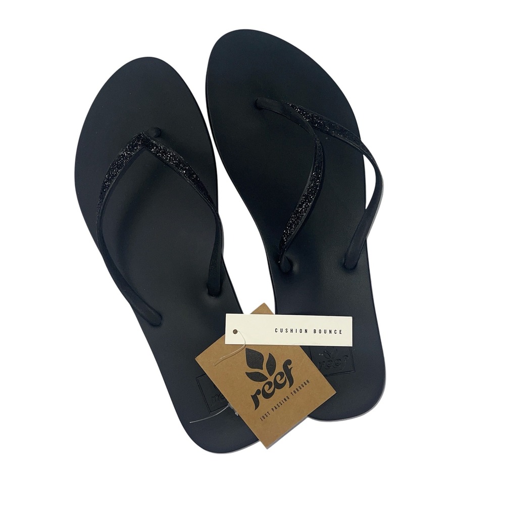 NWT Reef Cushion Bounce Stargazer Black Glitter Flip Flops Sandals Size 10